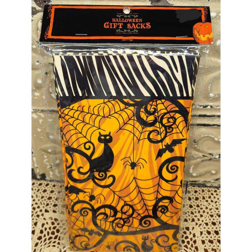 NOS Halloween Gift Sacks Black Cats & Spiderwebs 10 Count